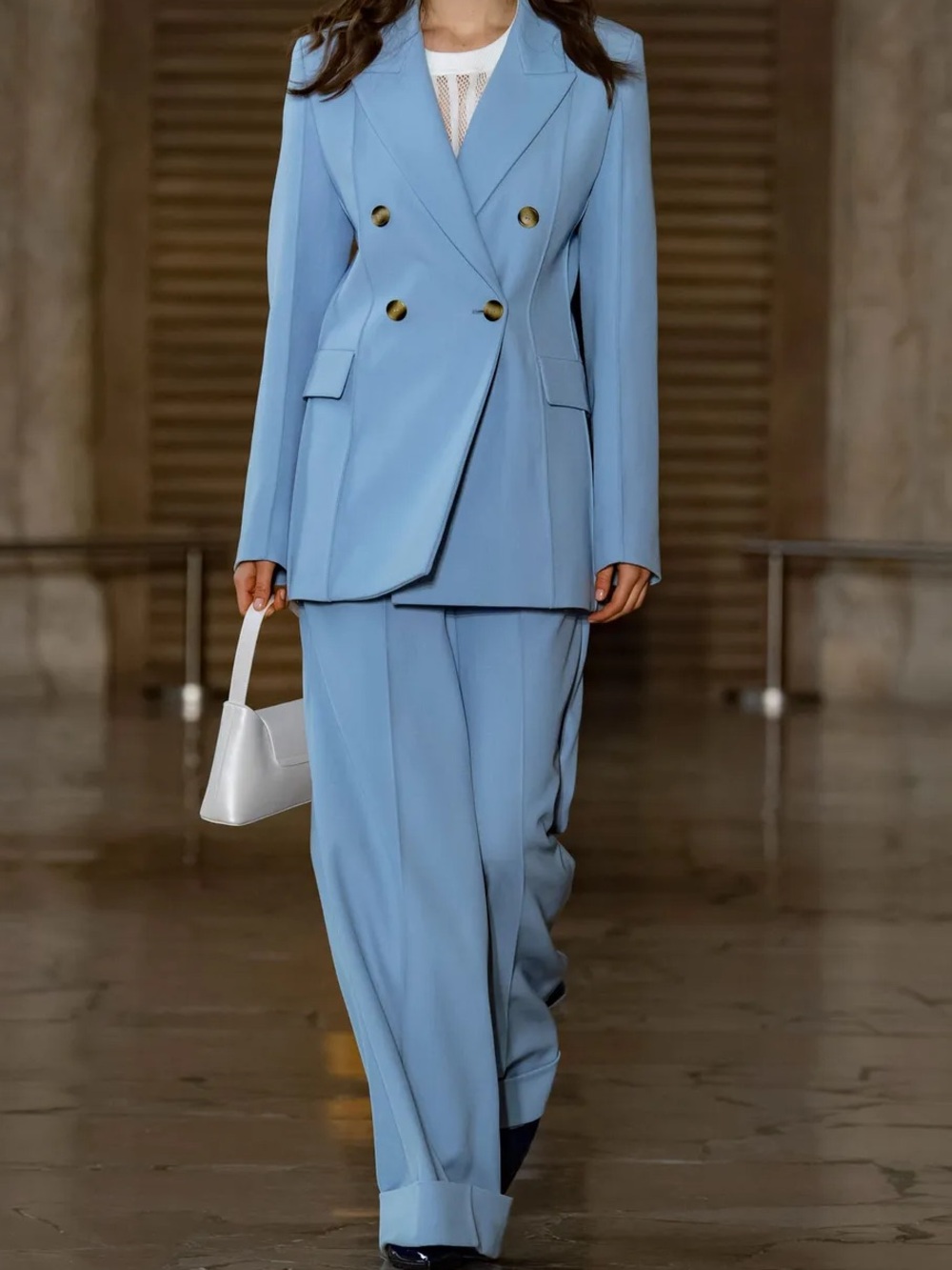 Elleme Light Blue Double-Breasted Blazer & Wide-Leg Trousers Set